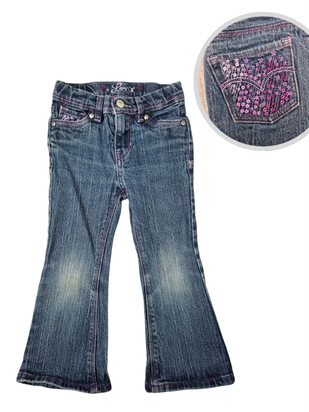 Levi's Girls Toddler Flare Jeans Pink Sequins Star Embroidery Medium Wash 3T